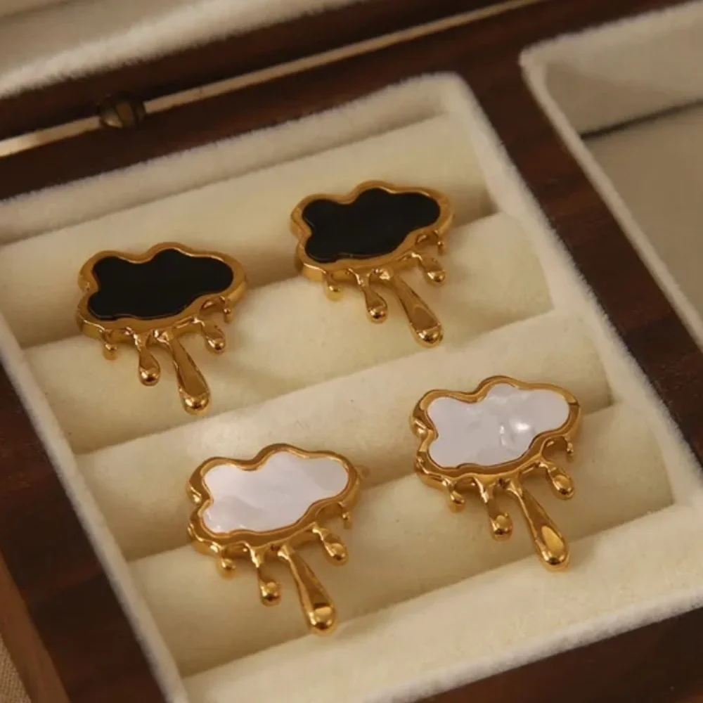 18K Gold Black Cloud Rain Melting Liquid Metal Stud Earrings Punk Bohemian - Picture 3 of 4